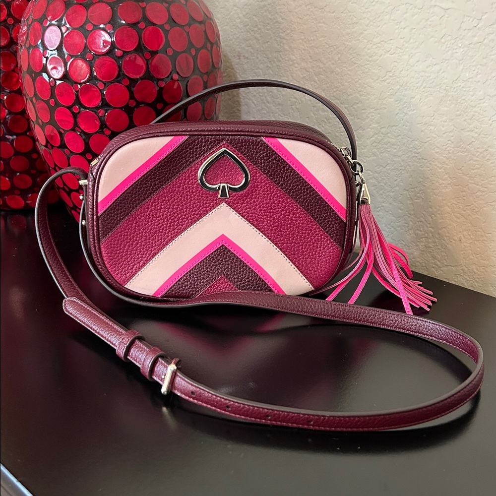 EUC kate spade Chevron Colorblock Leather Crossbody Burgundy and Pink. Callout